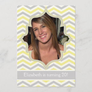 Modern yellow, grey chevron birthday photo invitation