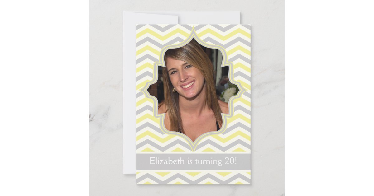 Modern yellow, grey chevron birthday photo invitation | Zazzle