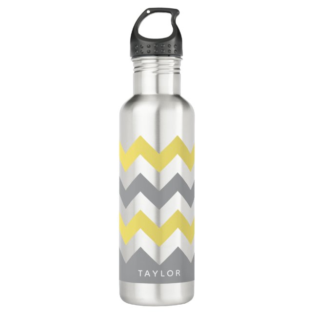 Modern Yellow Grey Chevron Pattern Stainless Steel Water Bottle (Front)