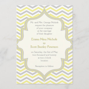 Modern yellow grey chevron zigzag wedding invitation