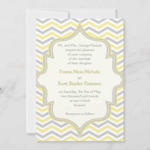 Modern yellow grey chevron zigzag wedding custom invites