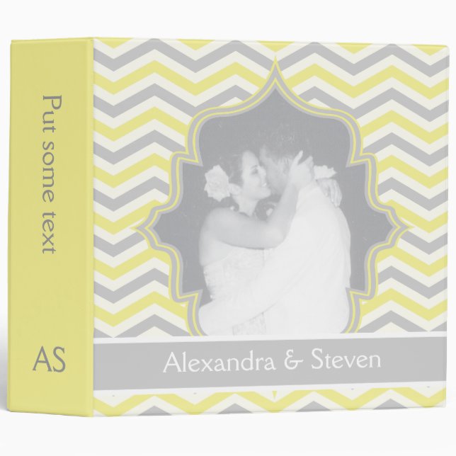 Modern yellow grey chevron zigzag wedding planner 3 ring binder (Front/Spine)