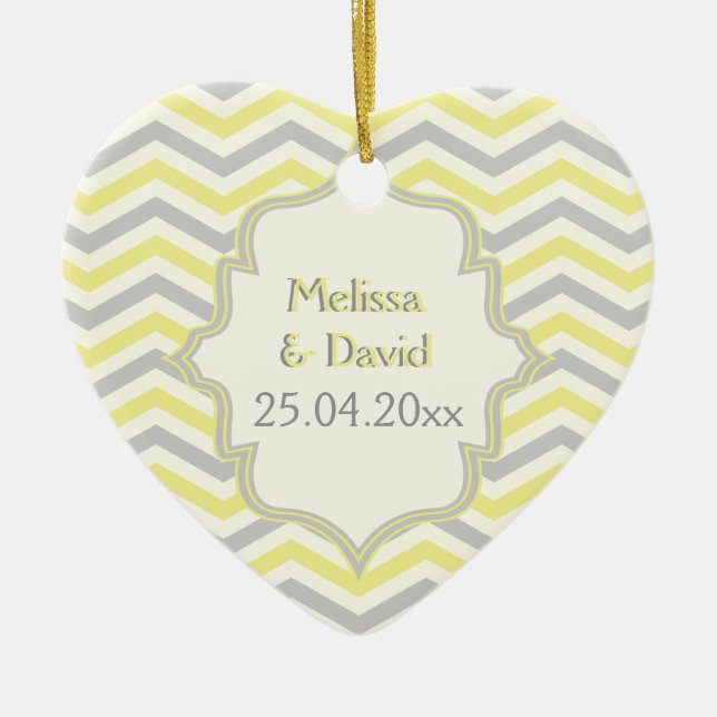 Modern yellow, grey, ivory chevron pattern custom ceramic ornament (Front)