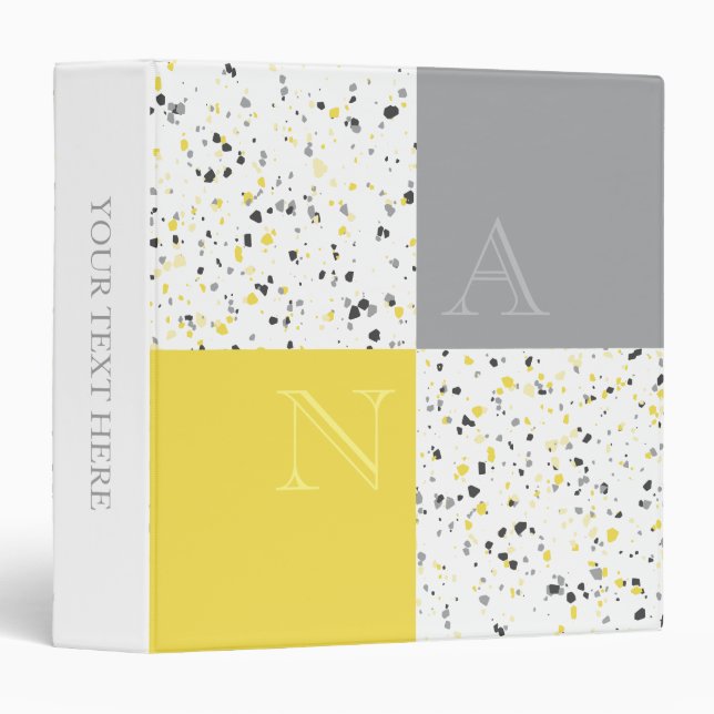 Modern Yellow Grey Terrazzo Monogram 3 Ring Binder (Front/Spine)