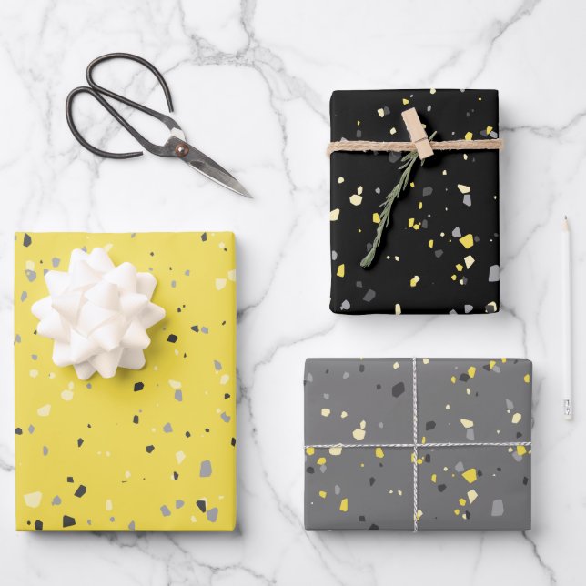 Modern Yellow Grey Terrazzo Pattern Wrapping Paper Sheets (Front)