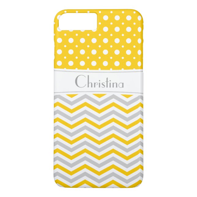 Modern yellow, grey, white chevron & polka dot Case-Mate iPhone case (Back)