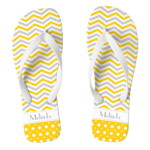 Modern yellow, grey, white chevron & polka dot flip flops