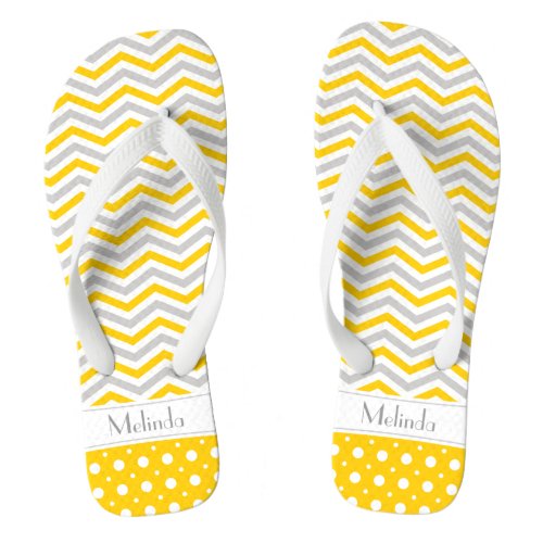 Modern yellow grey white chevron  polka dot flip flops