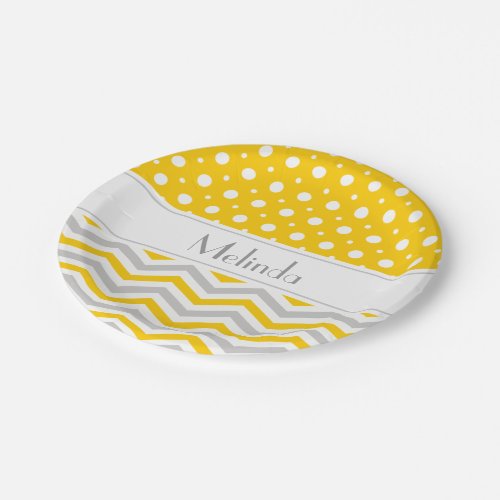 Modern yellow grey white chevron  polka dot paper plates