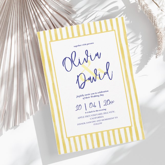 Modern Yellow Hand Written Pinstripe Italy Wedding Invitation (Creator Uploaded)