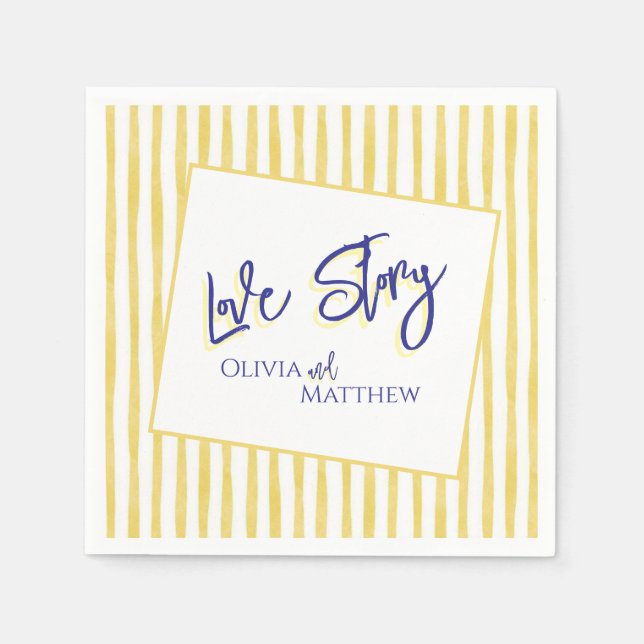 Modern Yellow Hand Written Pinstripe Italy Wedding Napkins (Front)