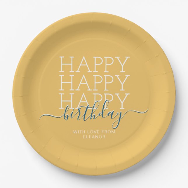 Modern yellow Happy Birthday Paper Plates (Front)