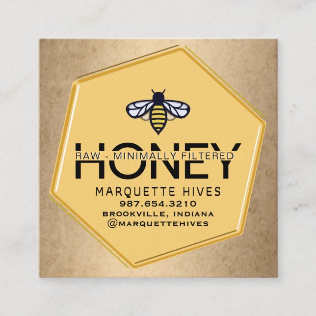 Modern Yellow Hexagon Gold Border Bee Honey Apiary Square Business Card (Front)