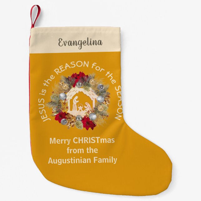 Modern Yellow JESUS IS THE REASON Small Christmas Stocking (Front)