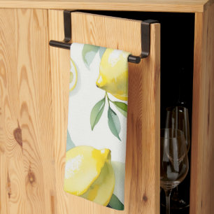Modern yellow lemon floral script bridal shower kitchen towel