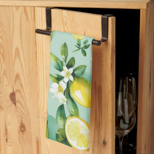 Modern yellow lemon floral script bridal shower kitchen towel