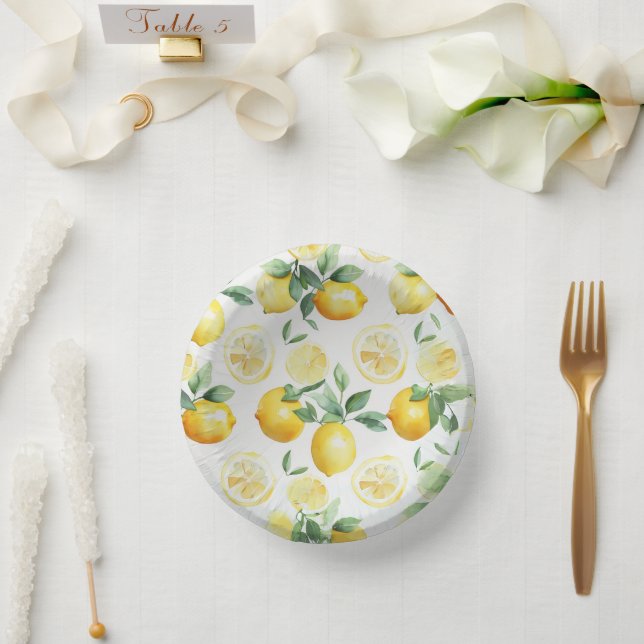 Modern yellow lemon floral script bridal shower paper bowls (Wedding)