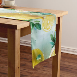 Modern yellow lemon floral script bridal shower short table runner
