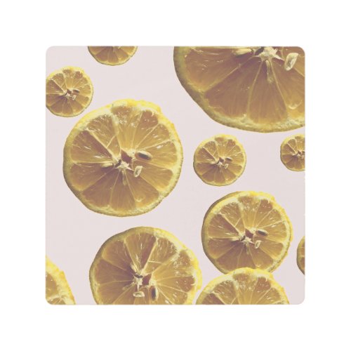 Modern yellow lemon fresh fruit circle slice dots  metal print