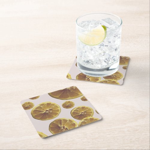 Modern yellow lemon fresh fruit circle slice dots  square paper coaster