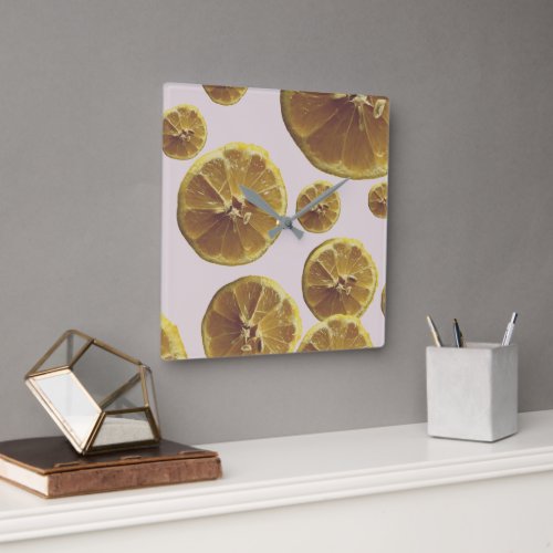 Modern yellow lemon fresh fruit circle slice dots  square wall clock