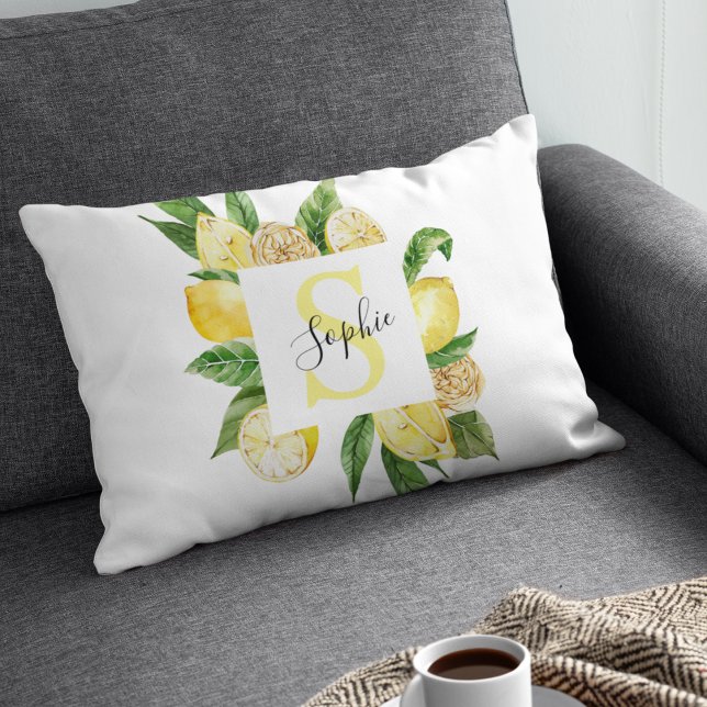 Modern Yellow Lemons Frame & Leaves With Name Accent Pillow (Creator Uploaded)