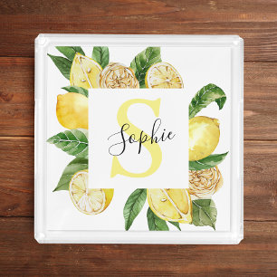 Modern Yellow Lemons Frame & Leaves With Name Acrylic Tray