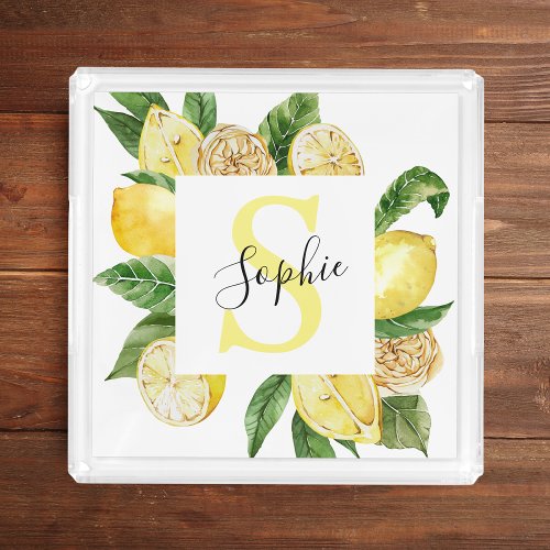 Modern Yellow Lemons Frame  Leaves With Name Acrylic Tray