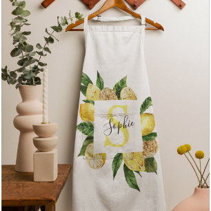 Modern Yellow Lemons Frame & Leaves With Name Apron