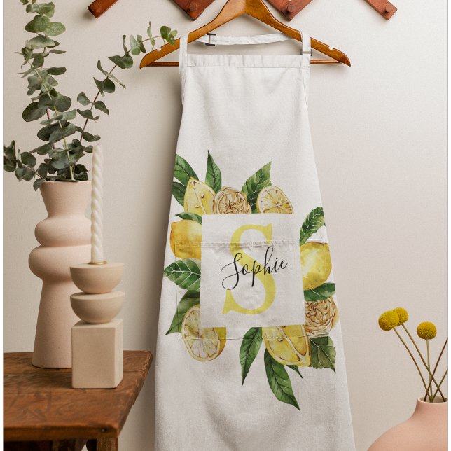 Modern Yellow Lemons Frame & Leaves With Name Apron (Creator Uploaded)