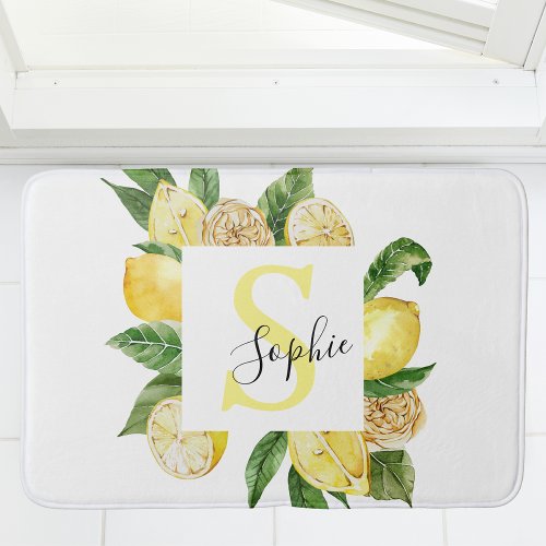 Modern Yellow Lemons Frame  Leaves With Name Bath Mat