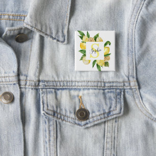 Modern Yellow Lemons Frame & Leaves With Name Button