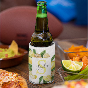 Modern Yellow Lemons Frame & Leaves With Name Can Cooler