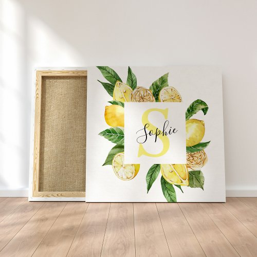 Modern Yellow Lemons Frame  Leaves With Name Canvas Print