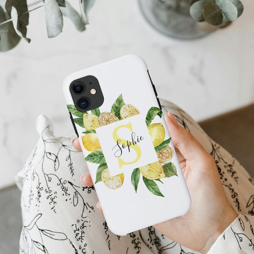 Modern Yellow Lemons Frame  Leaves With Name iPhone 11 Case