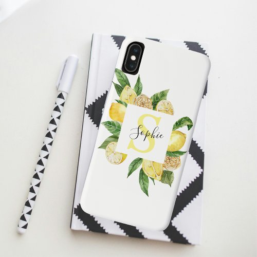 Modern Yellow Lemons Frame  Leaves With Name iPhone XS Max Case