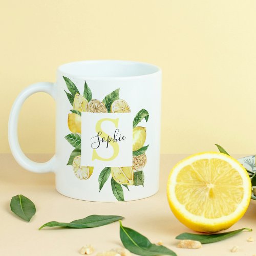 Modern Yellow Lemons Frame  Leaves With Name Coffee Mug