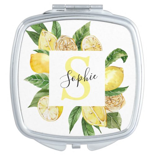 Modern Yellow Lemons Frame  Leaves With Name Compact Mirror