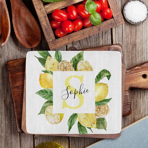 Modern Yellow Lemons Frame  Leaves With Name Cutting Board