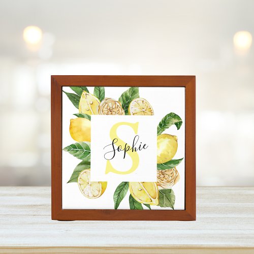 Modern Yellow Lemons Frame  Leaves With Name Desk Organizer