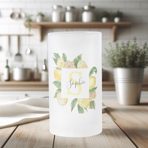 Modern Yellow Lemons Frame  Leaves With Name Frosted Glass Beer Mug