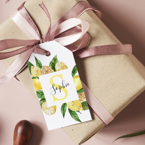 Modern Yellow Lemons Frame  Leaves With Name Gift Tags