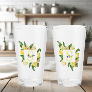 Modern Yellow Lemons Frame & Leaves With Name Glass