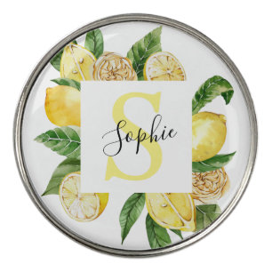 Modern Yellow Lemons Frame & Leaves With Name Golf Ball Marker
