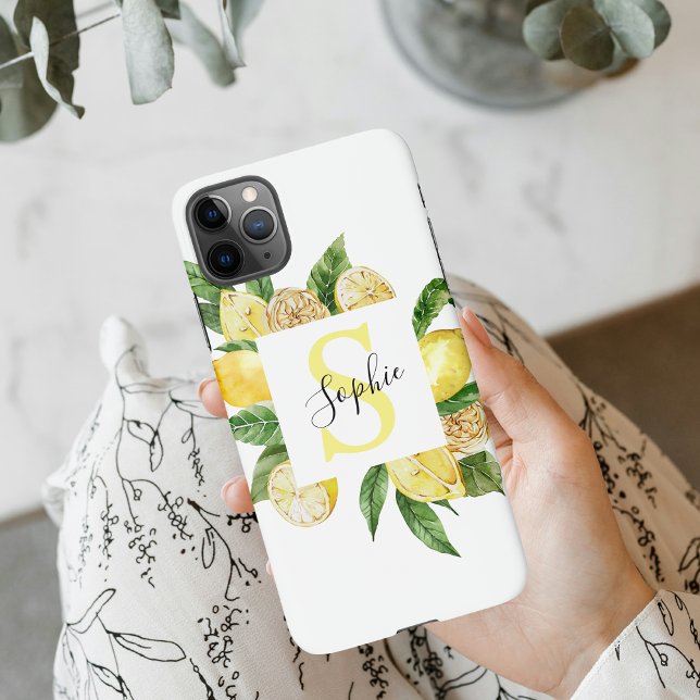 Modern Yellow Lemons Frame & Leaves With Name iPhone Case (Creator Uploaded)