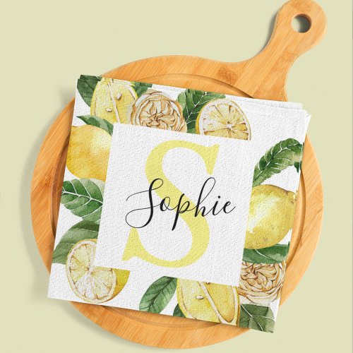 Modern Yellow Lemons Frame  Leaves With Name Kitchen Towel