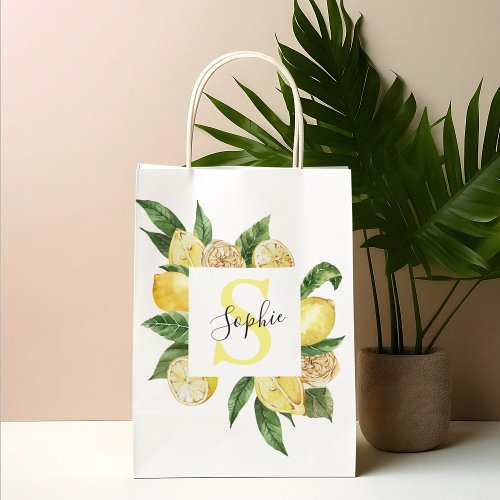 Modern Yellow Lemons Frame  Leaves With Name Large Gift Bag