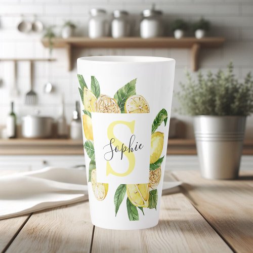 Modern Yellow Lemons Frame  Leaves With Name Latte Mug