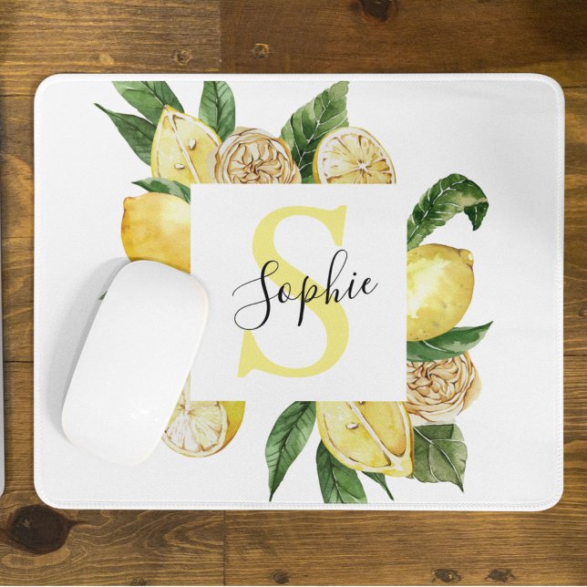 Modern Yellow Lemons Frame & Leaves With Name Mouse Pad (Creator Uploaded)