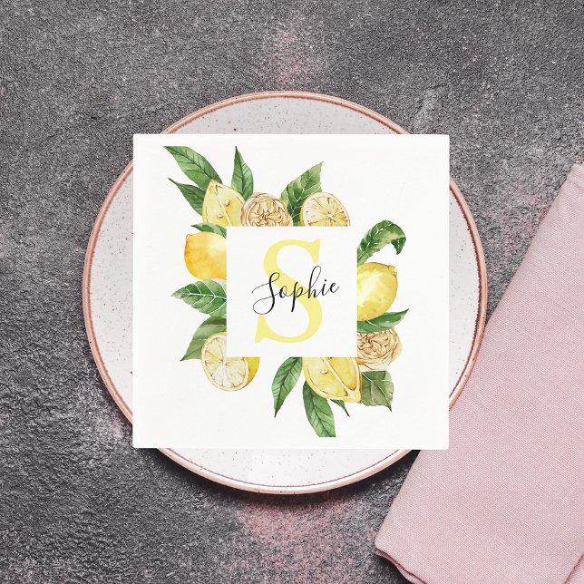 Modern Yellow Lemons Frame & Leaves With Name Napkins (Creator Uploaded)